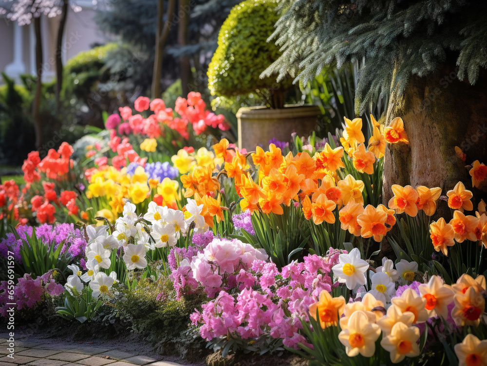 Vibrant flowers in a blossoming spring garden showcase a vivid array of colors and beauty.