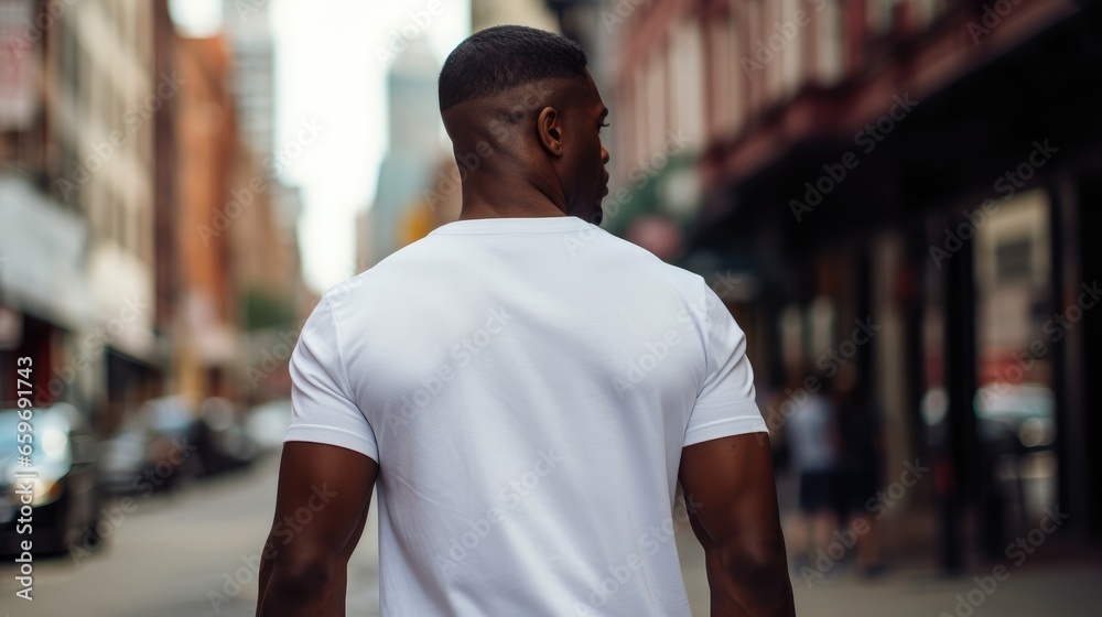 black young man model in his back with a white t shirt walking in the street