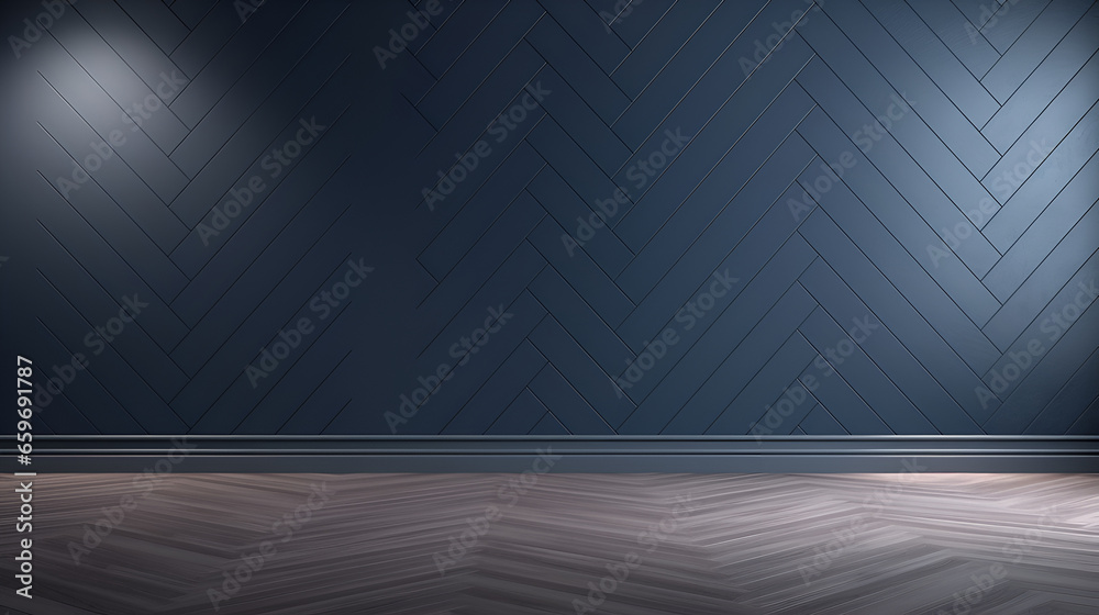 Blue wall background with copy space in an empty room with brown parquet floor. Classical wall molding decoration in modern empty luxury home interior. - obrazy, fototapety, plakaty 