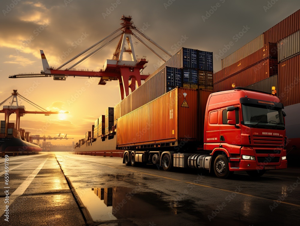 Business logistics and transportation concept of Container truck, containers cargo, freight ship and cargo plane in shipyard , logistic import export and transport industry background, Generative Ai Business logistics and transportation concept of Container truck, containers cargo, freight ship and cargo plane in shipyard , logistic import export and transport industry background, Generative Ai