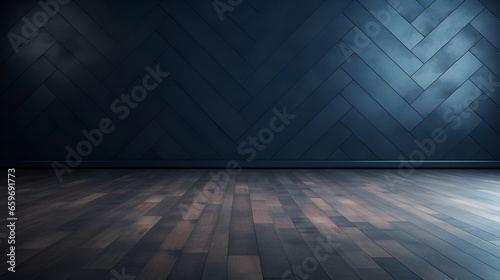 Blue wall background with copy space in an empty room with brown parquet floor. Classical wall molding decoration in modern empty luxury home interior.