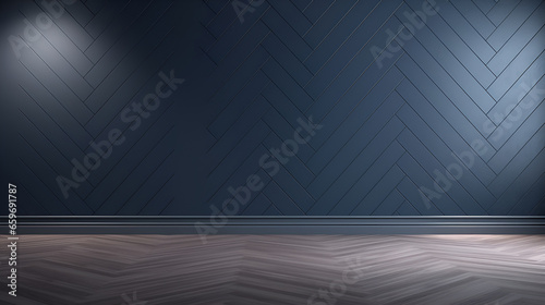 Blue wall background with copy space in an empty room with brown parquet floor. Classical wall molding decoration in modern empty luxury home interior.