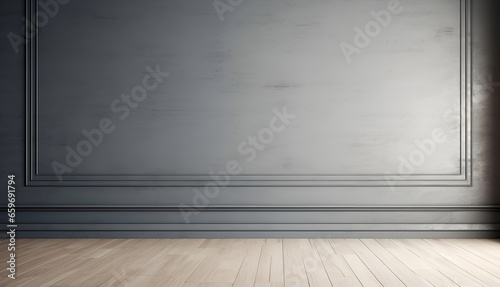 Blue wall background with copy space in an empty room with brown parquet floor. Classical wall molding decoration in modern empty luxury home interior. © Tanuha