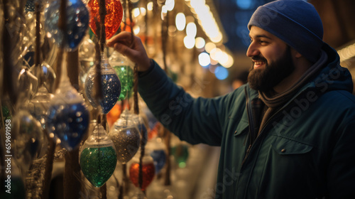 man standing at Christmas market looking at christmas decoration with blurred background 