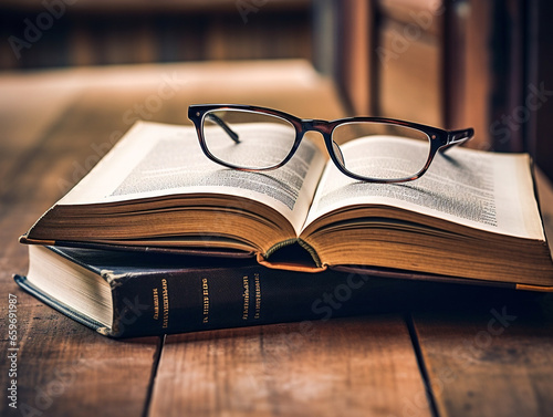 Books stacked on a wooden table with reading glasses placed on top, in a cozy setting.