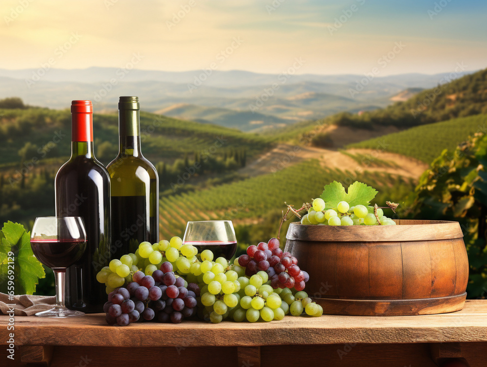 An assortment of wine bottles, wine glasses, grapes, and a barrel on a rustic surface.