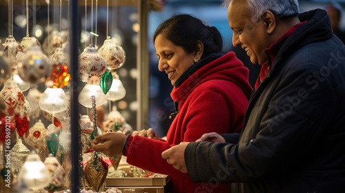 elder Couple standing at Christmas market looking at christmas decoration with blurred background 