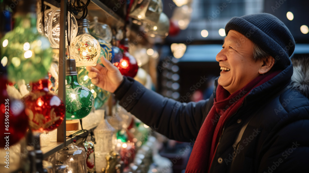 asian man standing at Christmas market looking at christmas decoration with blurred background 