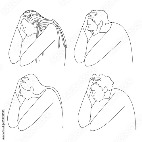 People of different nationalities are sad, line vector illustration. Vector illustration