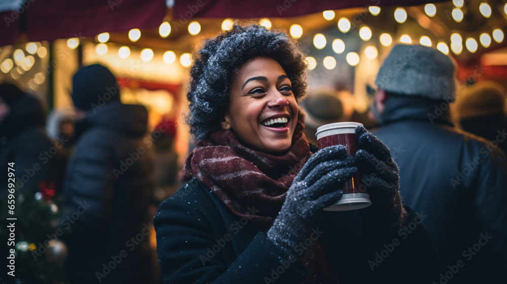 Young woman standing at Christmas market drinking hot chocolate, mulled wine with blurred background Young woman standing at Christmas market drinking hot chocolate, mulled wine with blurred background