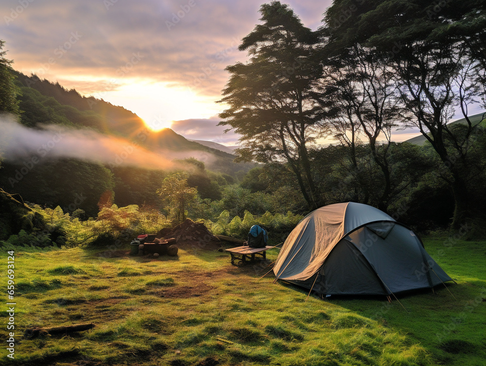 A well-organized campsite amidst a breathtaking scenic backdrop, capturing the essence of tranquility and beauty.