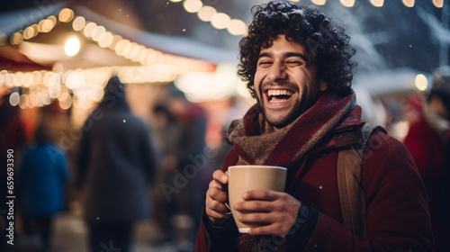 iranian man standing at Christmas market drnking hot chocolate with blurred background  photo