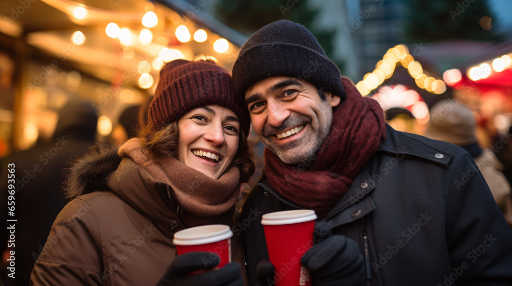 Couple standing at Christmas market drinking mulled wine, hot chocolate with blurred background 