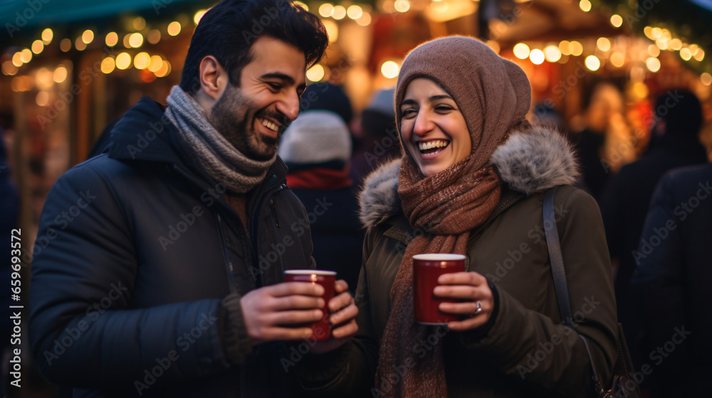 Indian Couple standing at Christmas market drinking mulled wine, hot chocolate with blurred background Indian Couple standing at Christmas market drinking mulled wine, hot chocolate with blurred background