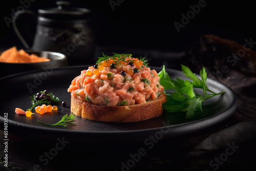 Fresh salmon tartare garnished with cream sauce and green onions, served on a black board. Generative AI