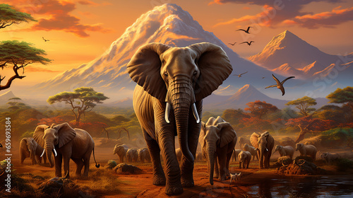 Elephants in safari scene. Elefanten in einer Safari-Szene.