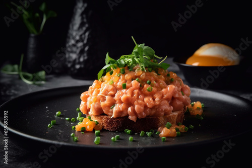 Fresh salmon tartare garnished with cream sauce and green onions, served on a black board. Generative AI