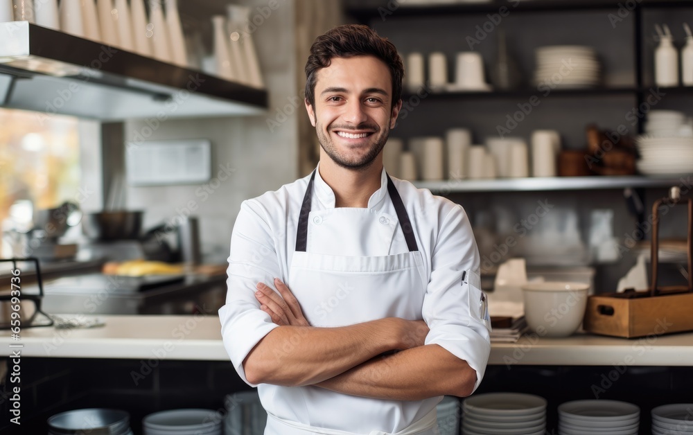 Male chef folded his arms and looking at the camera exuding pride and happiness Male chef folded his arms and looking at the camera exuding pride and happiness