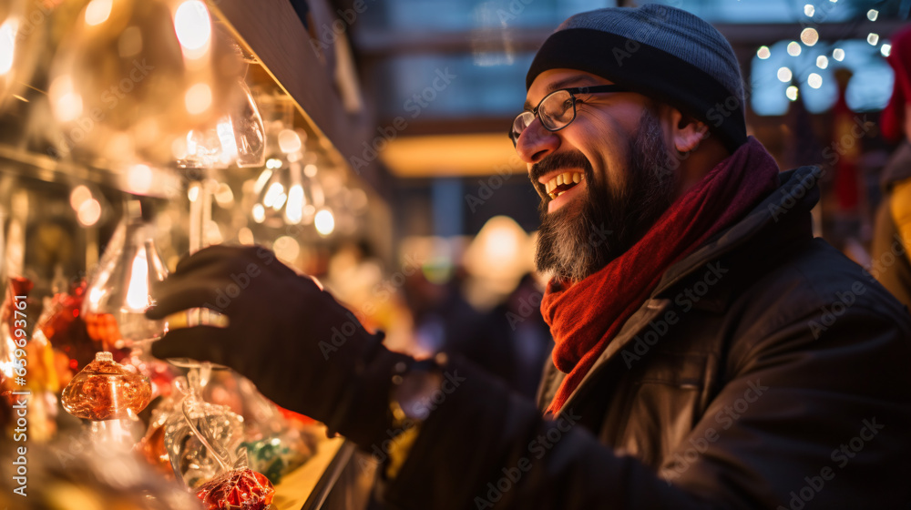 man standing at Christmas market looking at christmas decoration with blurred background 