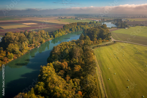 Aerial view of the Skagit River during the fall season. The Skagit River, in northwest Washington, is the largest and most biologically important river draining to Puget Sound.