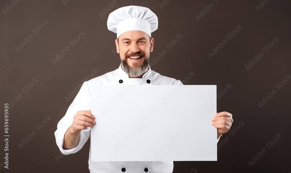 A smiling chief holding up a blank sign, marketing A smiling chief holding up a blank sign, marketing