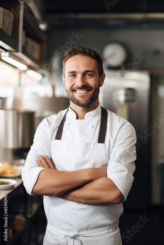 Male chef folded his arms and looking at the camera exuding pride and happiness