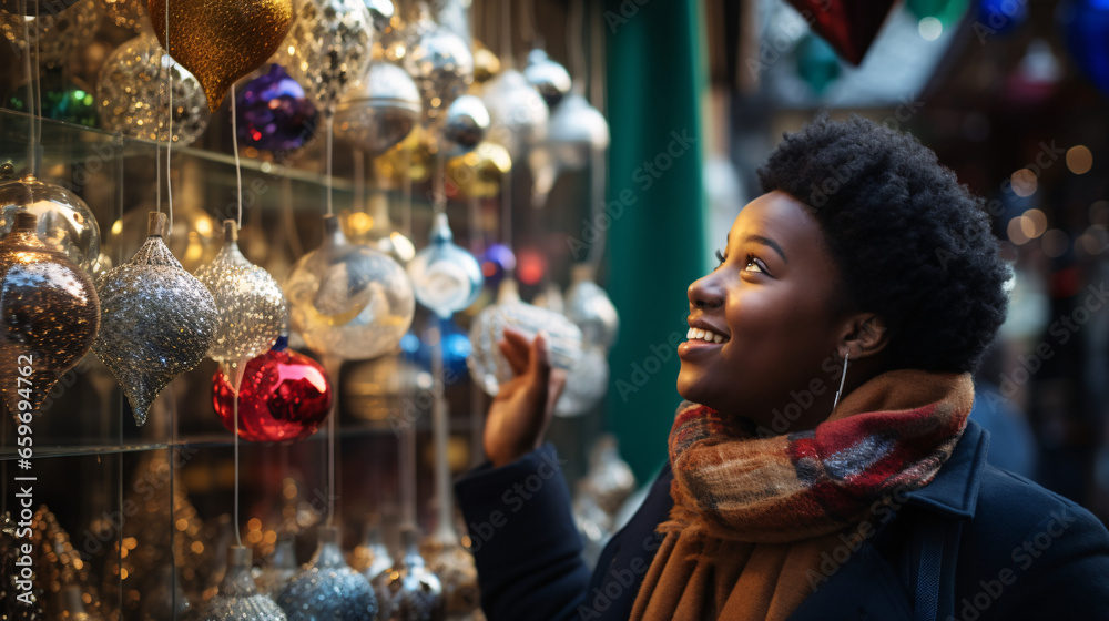 Black woman standing at Christmas market looking at christmas decoration with blurred background 