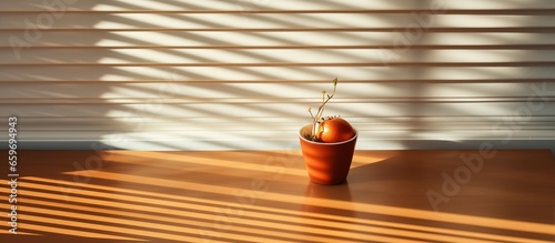 Sunlight entering through the window casts shadows on the table wood and blinds