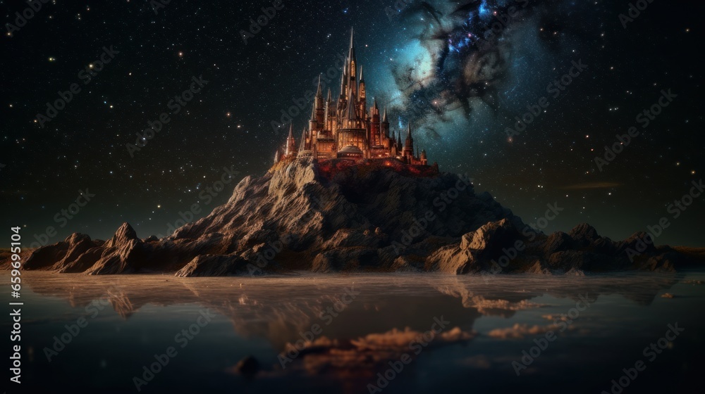 Illuminated castle on top of a rocky mountain at night and the sky with stars - obrazy, fototapety, plakaty 