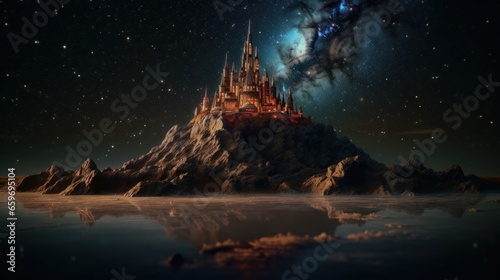 Illuminated castle on top of a rocky mountain at night and the sky with stars
