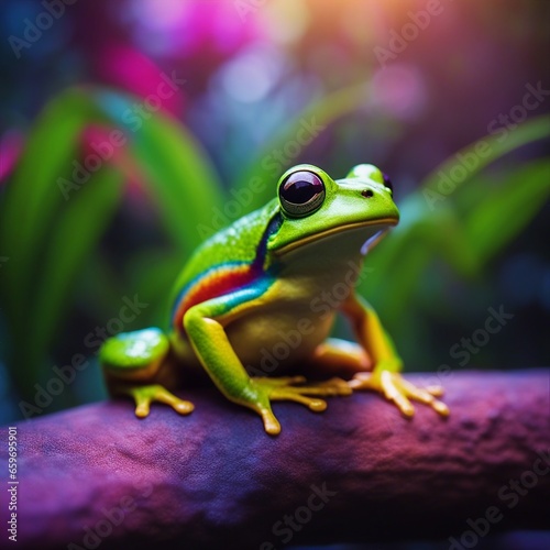 Red-Eyed Tree Frog (Hyla arborea) in a tropical rainforest setting.