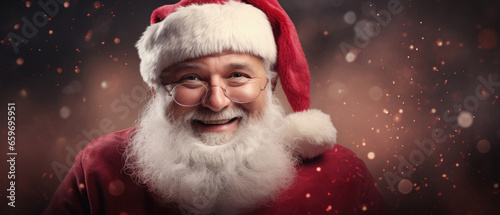 Portrait of santa claus with red sack against dark background. © Synthetica