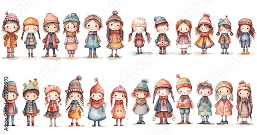 watercolor cartoon illustration collection set, cute girls and boys wearing winter coat scarf and woven cap, Generative Ai 