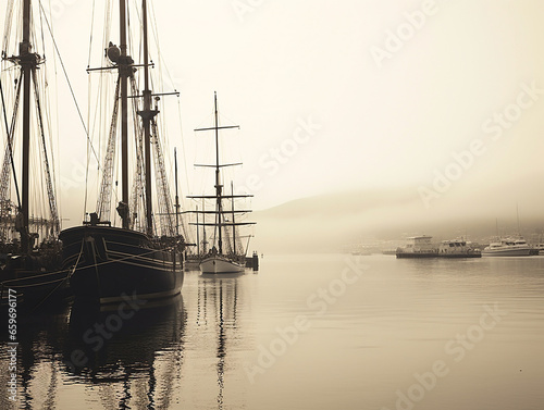 A serene waterfront scene showcases a tranquil harbor hosting a collection of moored ships.