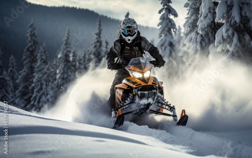 Adventurous snowmobiling rides through snowy terrain