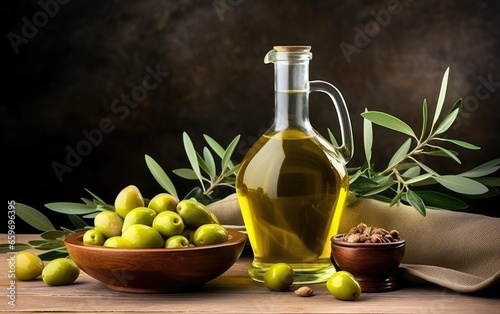 olive oil in a bottle and a branch with the fruits of green olives. salad dressing. culinary product.
