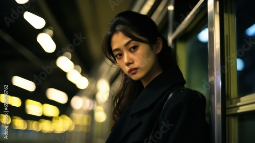 Beautiful young Asian woman with an Oriental face, posing near a subway train in a retro and classic setting, ideal for a fashion model banner or advertising media.