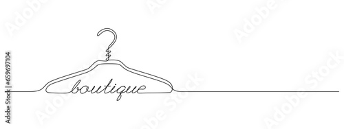 One continuous drawing of hanger sign. Concept symbol for boutique shop and atelier service in simple linear style. Editable stroke for elegance web banner. Doodle outline vector illustration
