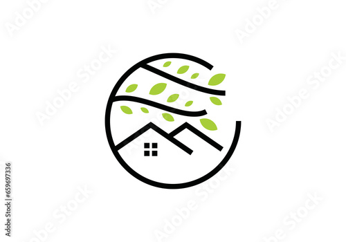 leaf tree home logo design. simple modern line symbol vector photo