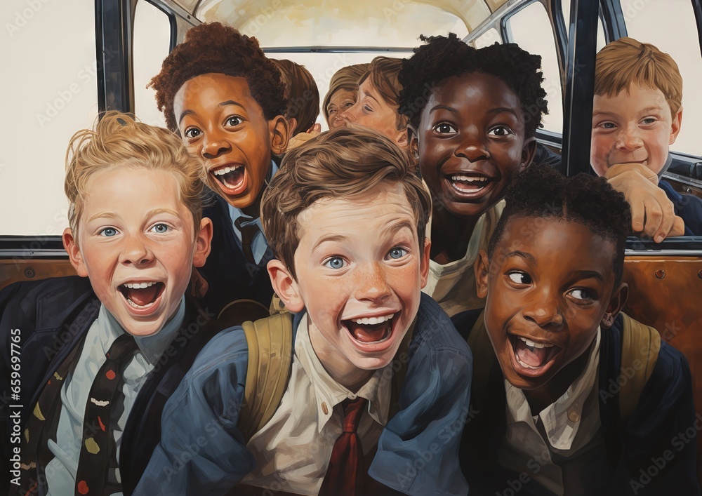 a group of children on a bus - obrazy, fototapety, plakaty 
