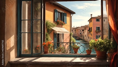A picturesque canal with charming buildings seen through a window