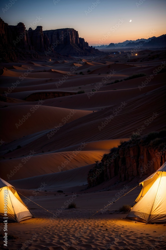 tent at sunset, dunes, desert, night in the desert