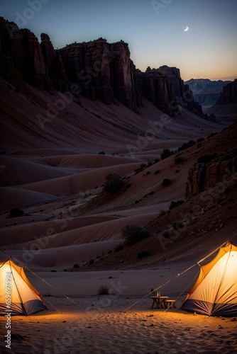 tent at sunset, dunes, desert, night in the desert