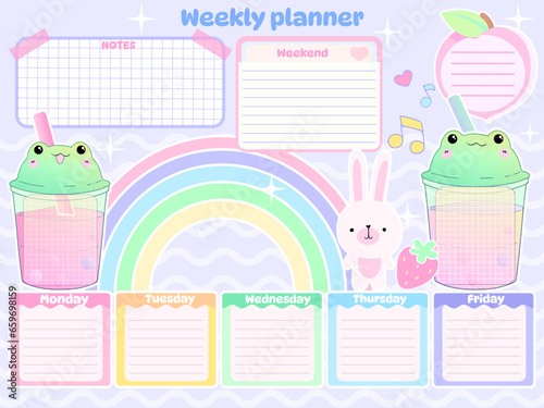 Chalkboard diary kids inspiration notebook elements sticker design personal template kawaii cartoon animal character on paper planner for school timetable notes with frog rainbow bunny strawberry 