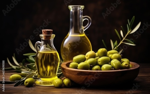 olive oil in a bottle and a branch with the fruits of green olives. salad dressing. culinary product.