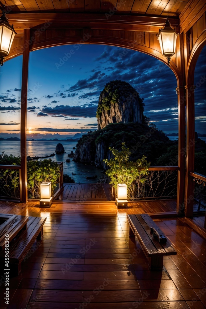 Fototapeta premium view of the city, paradise island at night, pool at night, sea at night, with wooden cabins