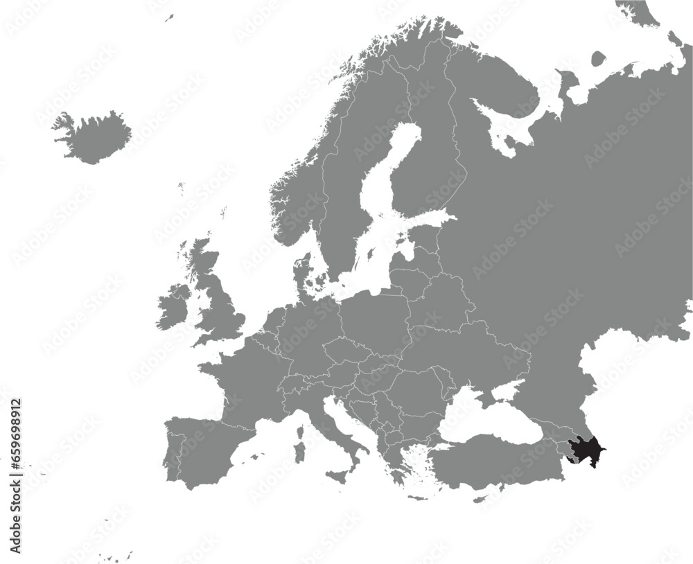 Black CMYK national map of AZERBAIJAN inside detailed gray blank political map of European continent on transparent background using Mercator projection