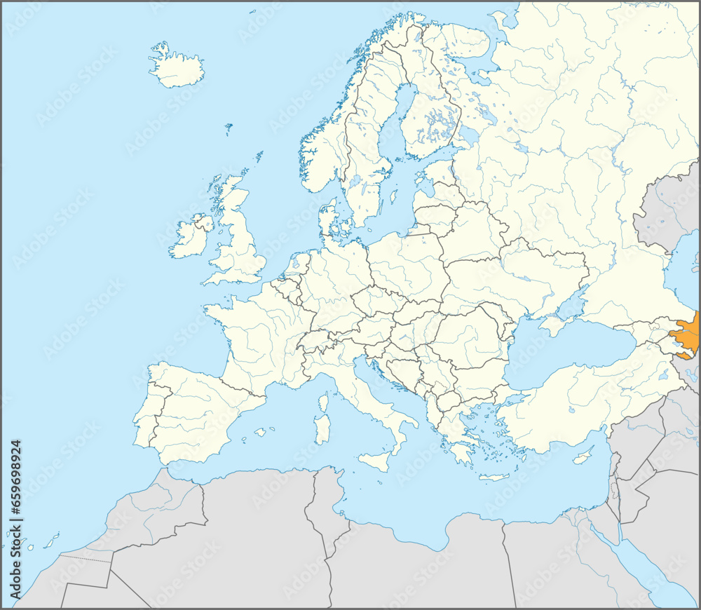 Gray CMYK national map of AZERBAIJAN inside detailed white blank political map of European continent on blue background using Mollweide projection Gray CMYK national map of AZERBAIJAN inside detailed white blank political map of European continent on blue background using Mollweide projection