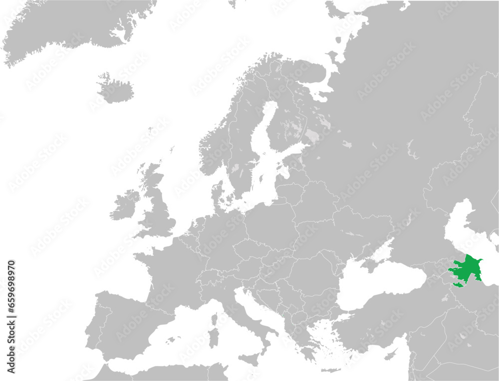 Green CMYK national map of AZERBAIJAN inside detailed gray blank political map of European continent with lakes on transparent background using Mercator projection Green CMYK national map of AZERBAIJAN inside detailed gray blank political map of European continent with lakes on transparent background using Mercator projection