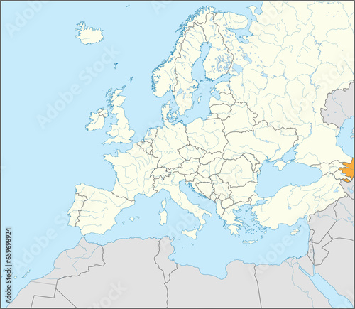 Gray CMYK national map of AZERBAIJAN inside detailed white blank political map of European continent on blue background using Mollweide projection